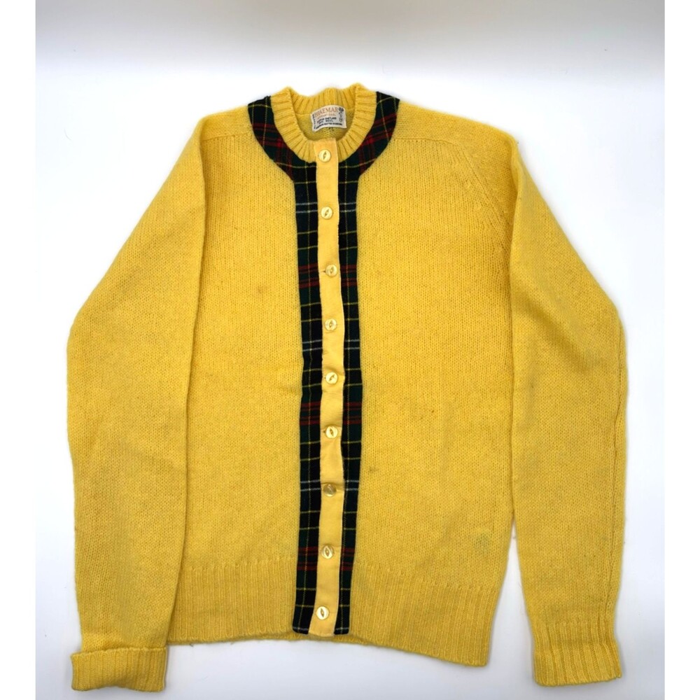 Vintage Braemar Scottish Shetland Wool Cardigan 38 Yellow Tartan Grandmacore